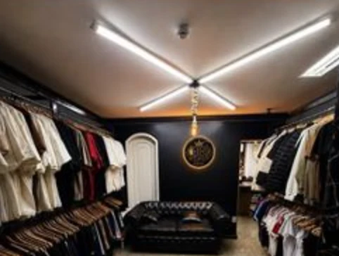 Interior da RR STORE: paredes pretas, luz linear no teto, medalhão dourado da marca na parede, porta em arco e araras cheias dos dois lados